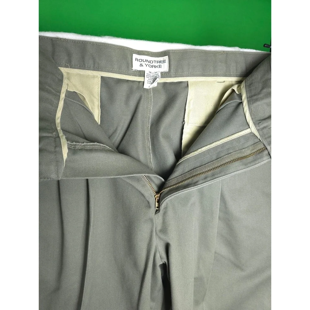 Roundtree & Yorke Mens Green Pleated Front Cotton Pants Trousers Size 36x31 - Picture 2 of 6